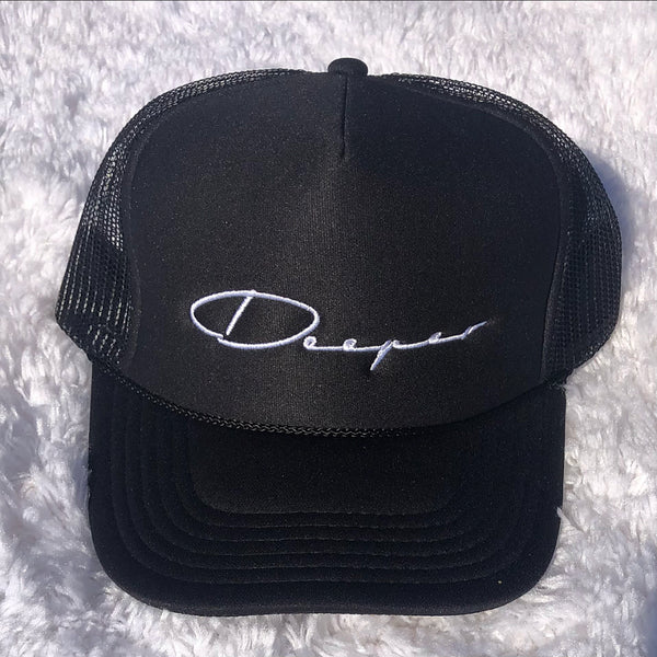 Black Deeper Trucker Hat (White Logo)