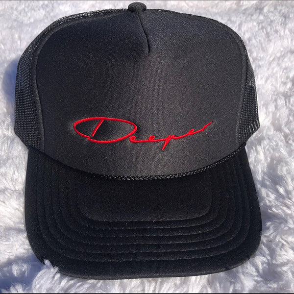 Black Deeper Trucker Hat ( Red Logo)