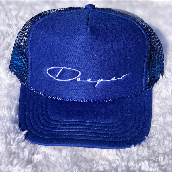 Royal Blue Deeper Trucker Hat (White logo)